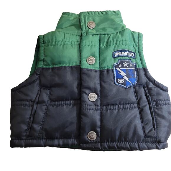 Ecko Unltd Baby Vest Puffer Jacket Green Blue Snap Front Size 3 Mo. Streetwear - Picture 1 of 7